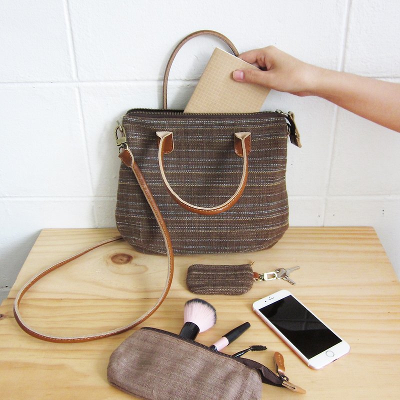 Crossbody Midi Curve Bags Hand Woven and Botanical dyed Cotton Brown-Blue Color - Messenger Bags & Sling Bags - Cotton & Hemp Brown
