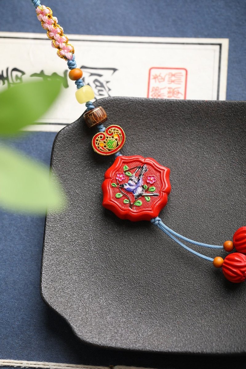 天然原礦硃砂精品紅砂彩繪喜上眉梢包掛 鑰匙掛 - 鑰匙圈/鑰匙包 - 寶石 