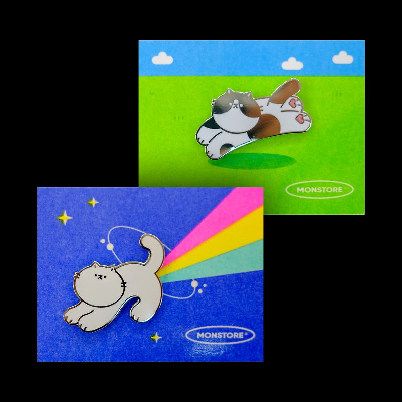 Rainbow Cat and Flying Cat on Grass Badge Pin Brooch Monster Workshop Monster Shiduo - Brooches - Other Metals Multicolor