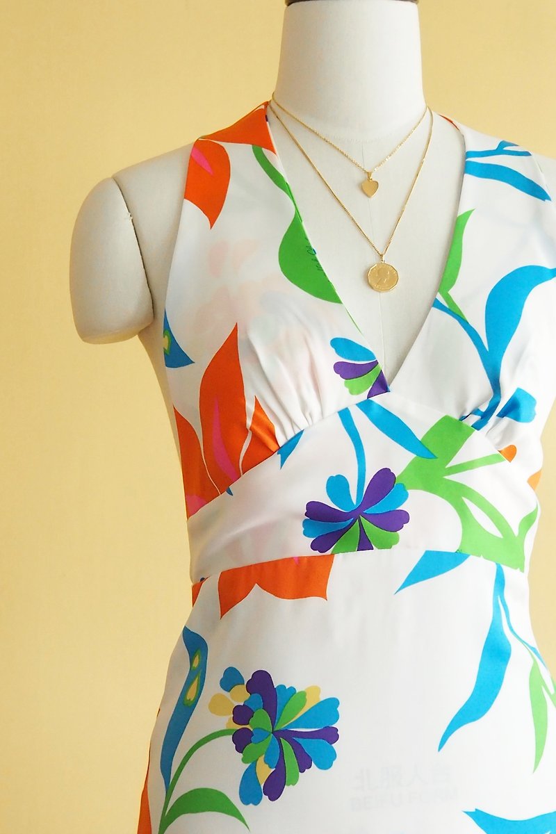 Vintage dress | Size M | Summer open back maxi beach dress flower pattern - One Piece Dresses - Polyester Multicolor