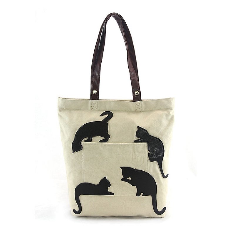 Sleepyville Critters - Black Cat Silhouette Tote Bag - Messenger Bags & Sling Bags - Cotton & Hemp Khaki