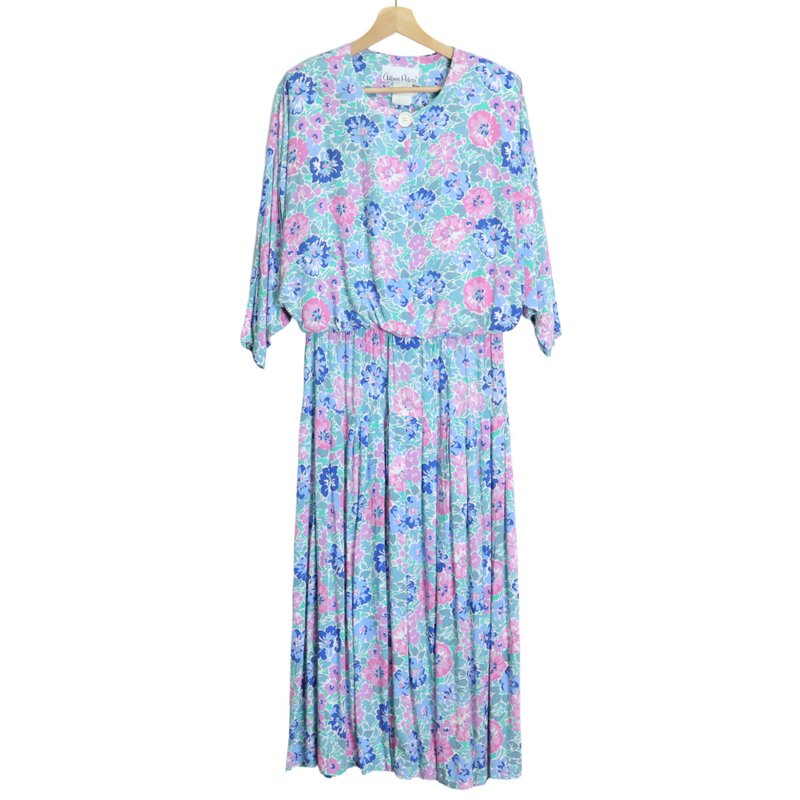 1980s American-made antique dress Lei Ying aqua blue floral dress 100-fold dress vintage dress - ชุดเดรส - ไฟเบอร์อื่นๆ สีน้ำเงิน