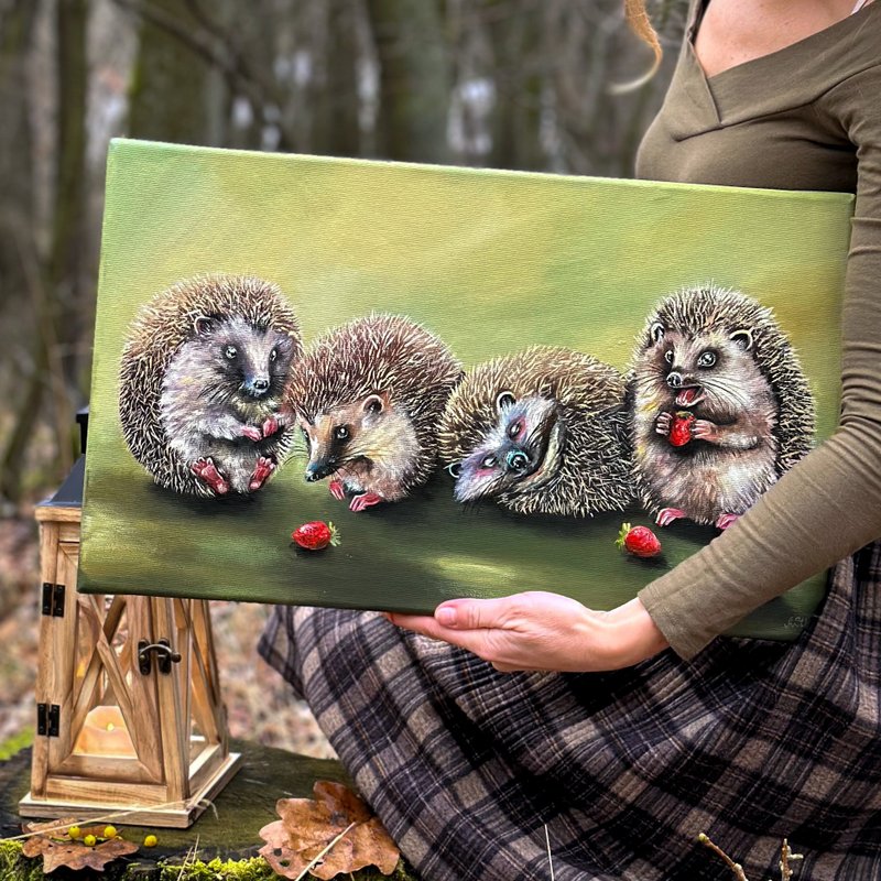 Original painting on canvas Hedgehogs Animal art Cute animals nursery room decor - ตกแต่งผนัง - ผ้าฝ้าย/ผ้าลินิน สีเขียว