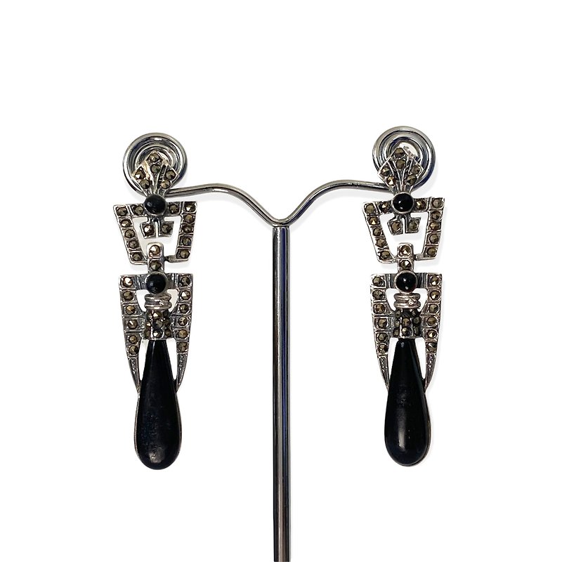 Art Deco Style Black Onyx with Marcasite Drop Earrings / Set 925 Sterling Silver - 耳環/耳夾 - 純銀 黑色