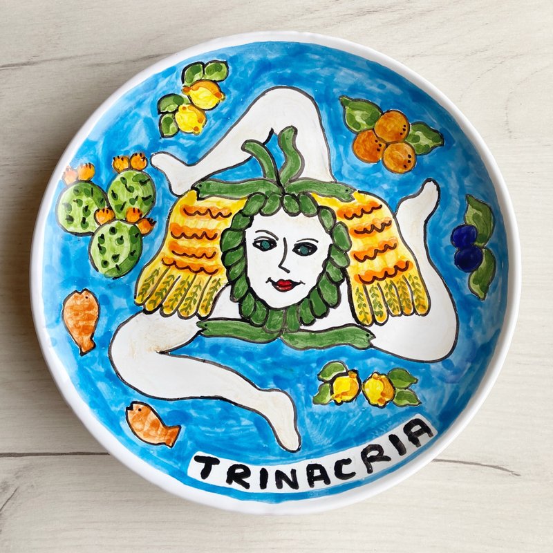 絵皿 20cm マヨリカ焼き トリナクリア  シチリア イタリア陶器　壁掛け - 盤子/餐盤/盤架 - 陶 藍色