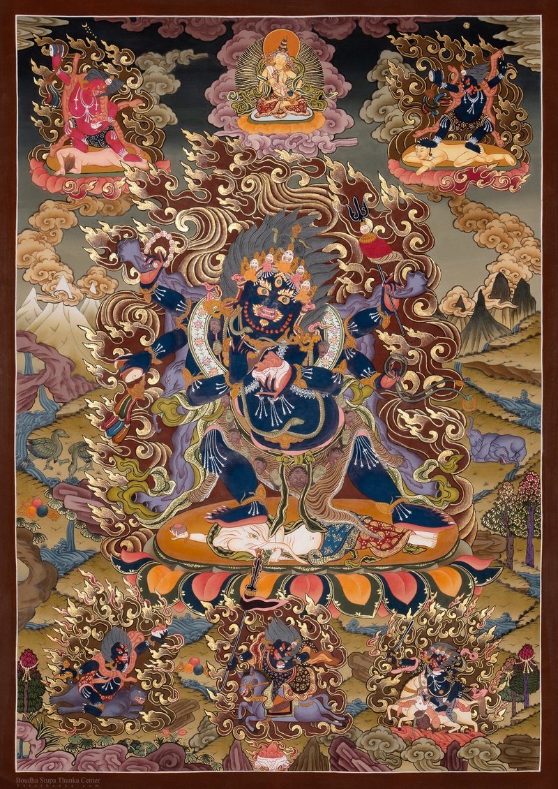 正統な六臂マハーカーラ タンカ 法の守護神 - ウォールデコ・壁紙 - 24Kゴールド 多色