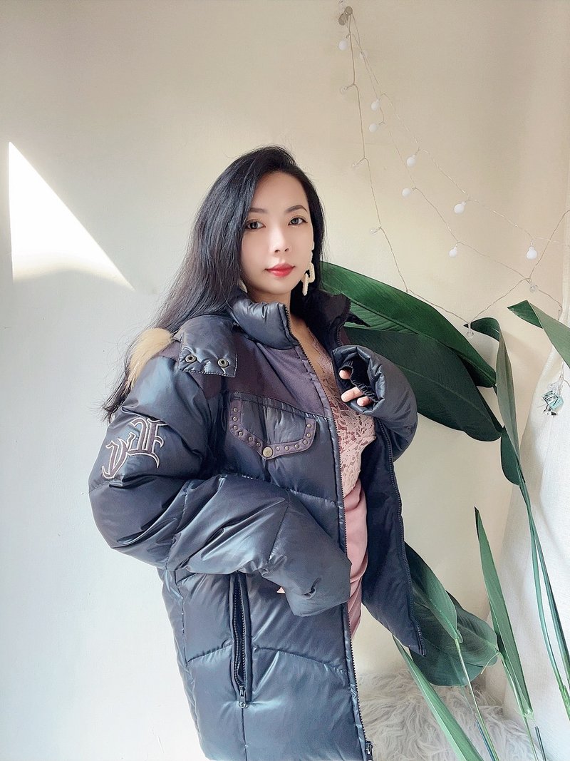 lee 經典黑冬季鉚釘率性可拆帽領 古董古著羽絨澎厚磅外套vintage - 男夾克/外套 - 羽絨 黑色