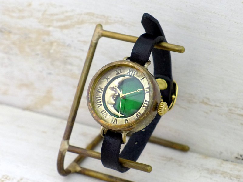 Handmade watch CrescentMoon4-MB Crescent green dial bracelet style (366CM4GR) - Women's Watches - Copper & Brass Green