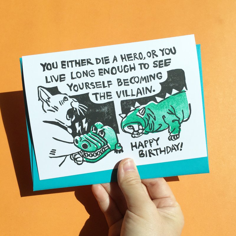 Hand-printed greeting card - Happy Birthday Die a Hero or Becoming Villain - 卡片/明信片 - 紙 