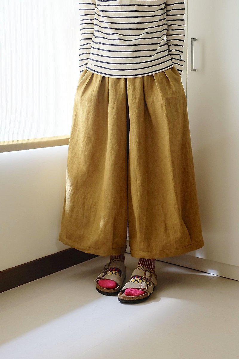 Daily hand-made clothes playful girl mustard yellow pleated wide pants linen - กางเกงขายาว - ผ้าฝ้าย/ผ้าลินิน สีเหลือง
