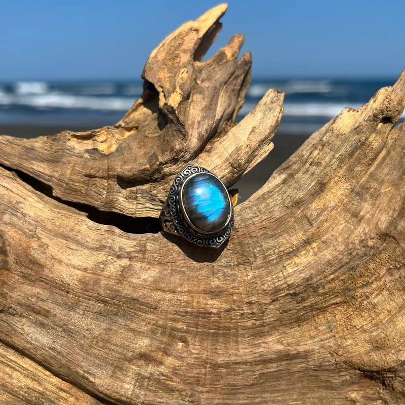 喜迎瑤 925シルバー ラブラドライト フリーサイズリング エスニック ボヘミアン ヒッピー 男女兼用 ヴィンテージ - リング・指輪 - クリスタル シルバー