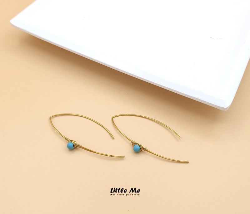 Handmade simple long earring with turquoise stone - ต่างหู - โลหะ สีน้ำเงิน