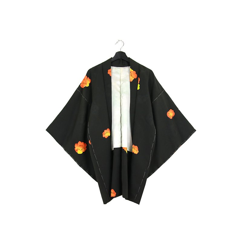 戻る晴れたオレンジ色の花//ユニセックス//ヴィンテージの着物に戻って織っグリーン::日本の着物の羽に（KI-157） - ジャケット - シルク・絹 