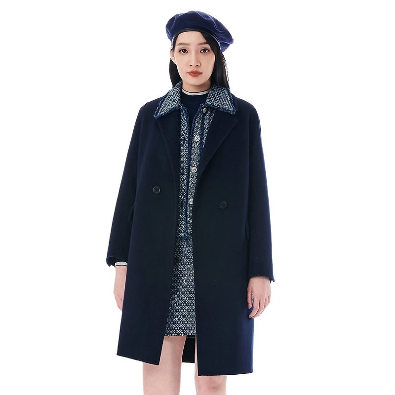 KeyWear simple lapel premium wool coat-dark blue-0DB04284 - เสื้อแจ็คเก็ต - ขนแกะ สีน้ำเงิน