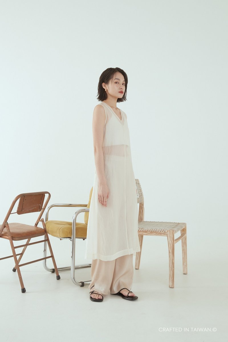 立體紋理直筒高腰褲 / 粉杏色 - 女長褲 - 其他人造纖維 粉紅色