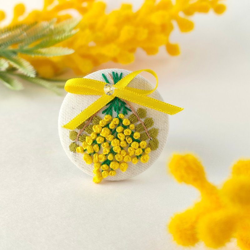 Mimosa swag embroidered brooch or embroidered hair tie - Brooches - Cotton & Hemp Yellow