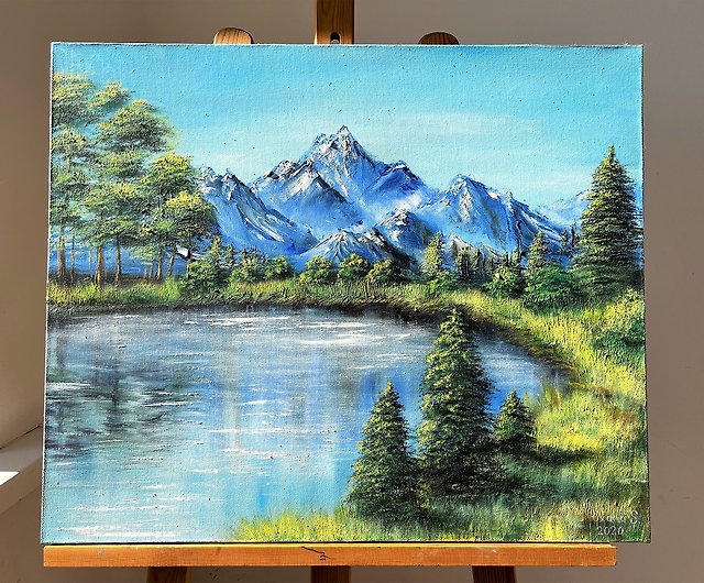 山の絵 湖 オリジナルアート 風景 ウォールアート 50x60 cm/20 x 24 