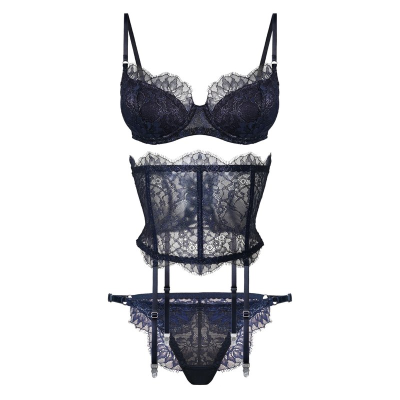 Dark blue lace and mesh lingerie set - Bra, panties, corsage garter belt - ชุดชั้นในผู้หญิง - เส้นใยสังเคราะห์ สีน้ำเงิน