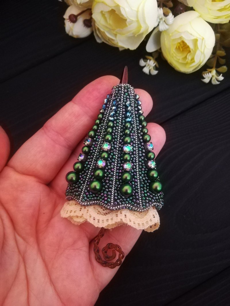 Beaded Brooch , Beaded Brooch , Green Umbrella, Clothes Accessory - Brooches - Other Materials Green