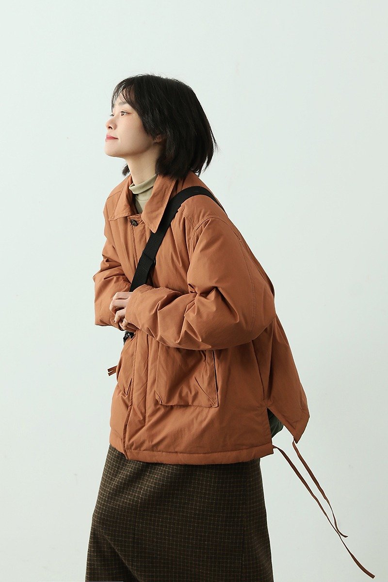 Orange 3 colors 90% white duck down lapel pocket down jacket neutral Japanese loose cotton jacket M-2XL - Women's Casual & Functional Jackets - Other Man-Made Fibers Orange
