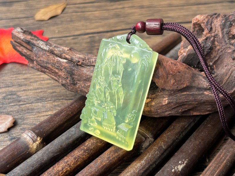 【一物一圖】天然岫玉 蜂蜜水 雕刻山水牌 吊墜 手編繩 項鍊 - 項鍊 - 玉石 黃色