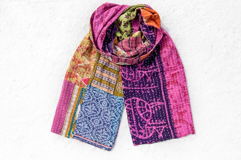 Cotton & Hemp Knit Scarves & Wraps Multicolor - Hand-sewn sari cloth stitching silk scarf/embroidered silk scarf/embroidered scarf/hand-sewn sari thread silk scarf-flower forest
