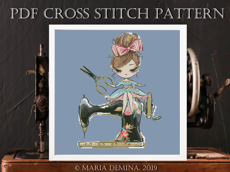 The Girl, Scissors and Sewing Machine PDF cross stitch pattern - 手工藝教學/工具書 - 其他材質 