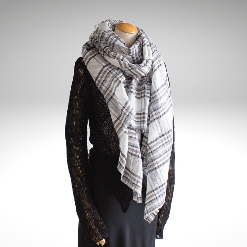 Cotton silk white gray check long stole SV03 - Scarves - Cotton & Hemp Black