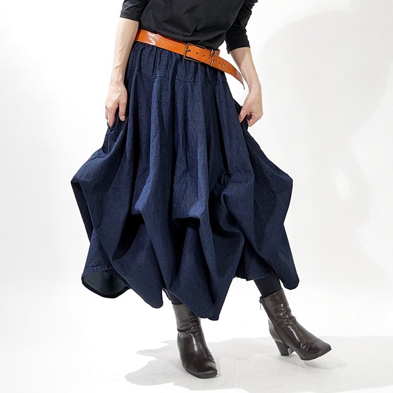 [Freely Arranged Skirt] Denim - Freely designed, beautiful silhouette with every movement, circular skirt, indigo denim, d-sk009 - กระโปรง - ผ้าฝ้าย/ผ้าลินิน 