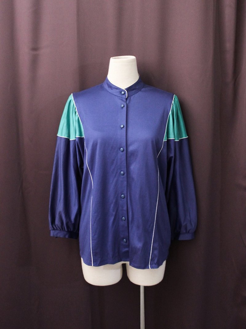 復古歐洲簡約普普風拼接藍色長袖古著上衣外套開衫-特價 - 女大衣/外套 - 聚酯纖維 藍色