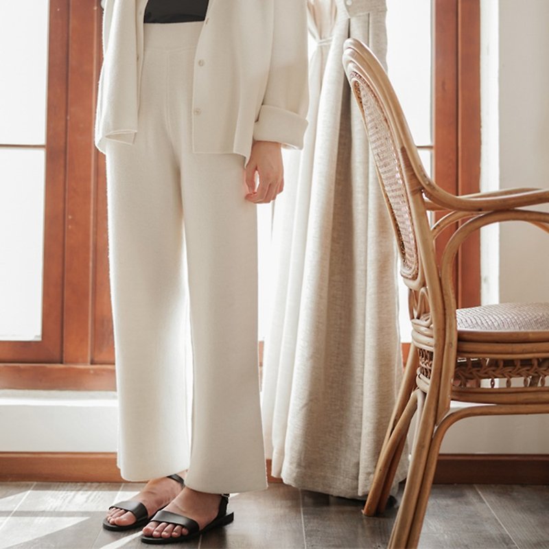 Knitted gentle | milk white pure wool suit wide leg pants texture design straight autumn and winter wide pants trousers - Women's Pants - Wool White