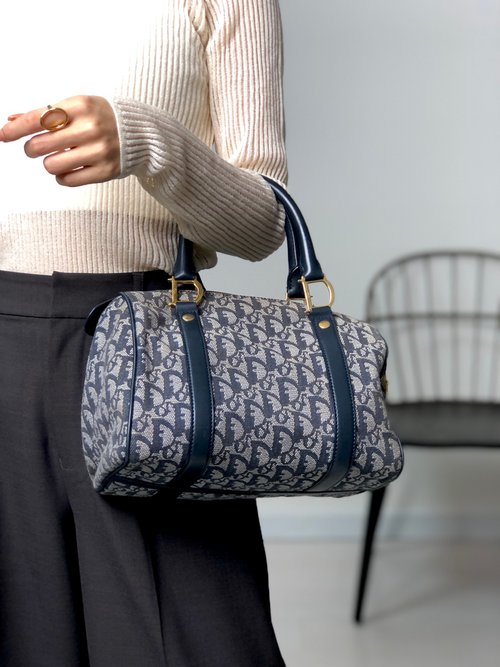 Dior ディオール トロッター ボストンバッグ ジャガード　ネイビー 日本直送 名牌中古包 】Christian Dior クリスチャン ディオール