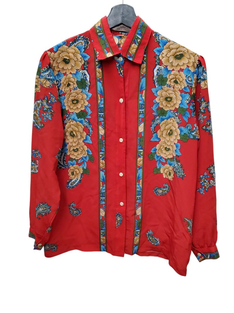 美國製 guess jeans 絲質 花卉圖騰 紅色 長襯 M號 近全新 - 女襯衫 - 棉．麻 紅色