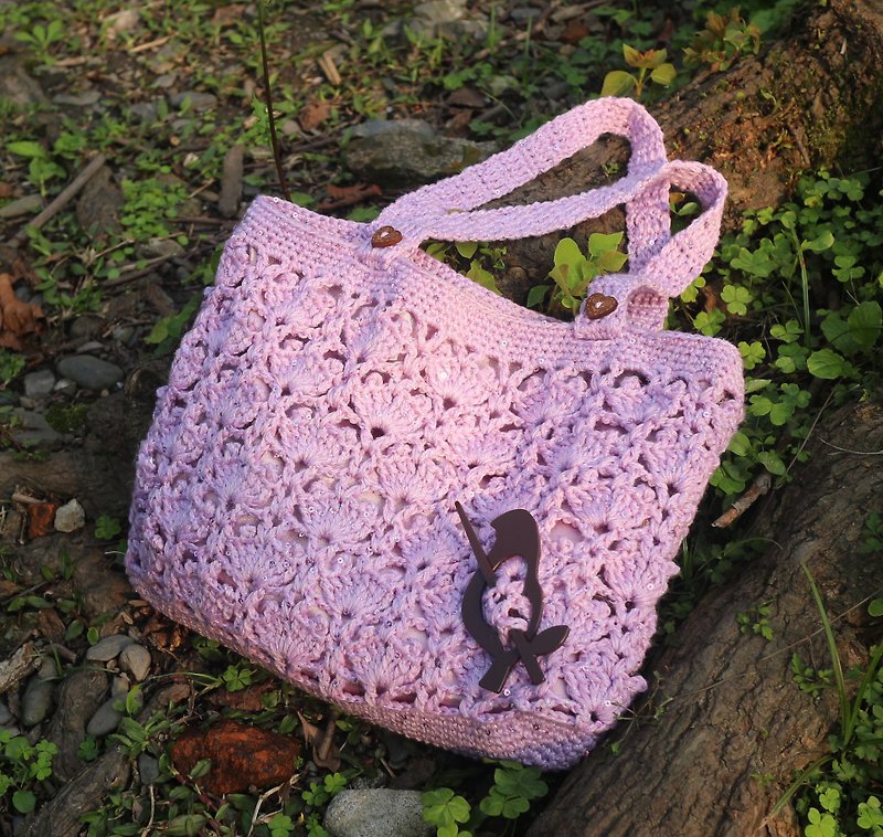 Handmade-Pink Star Knitted Bag-Wool Bag/Handbag/Knitted Bag - กระเป๋าถือ - ขนแกะ สึชมพู