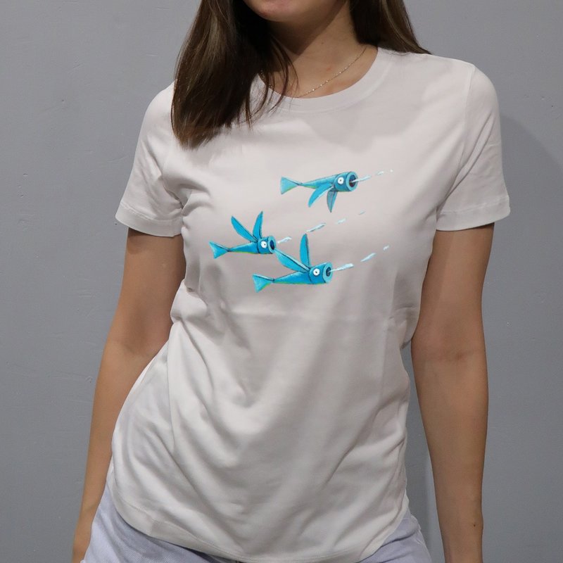 飛魚潮流 T / 插畫風格夏季必備上衣  / 女 - 女 T 恤 - 棉．麻 白色