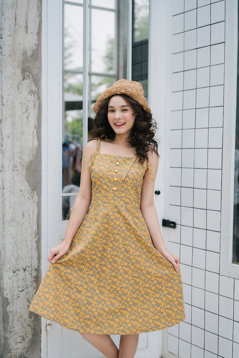 sunflower dress vintage style sundress cotton dress summer dress - 洋裝/連身裙 - 棉．麻 卡其色