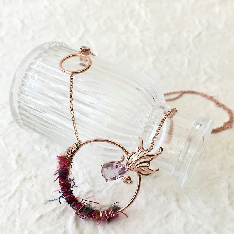 Collaboration Limited -Ryukin -PINK AMETHYST & Moonstone with Sari silk Necklace - Necklaces - Gemstone Pink