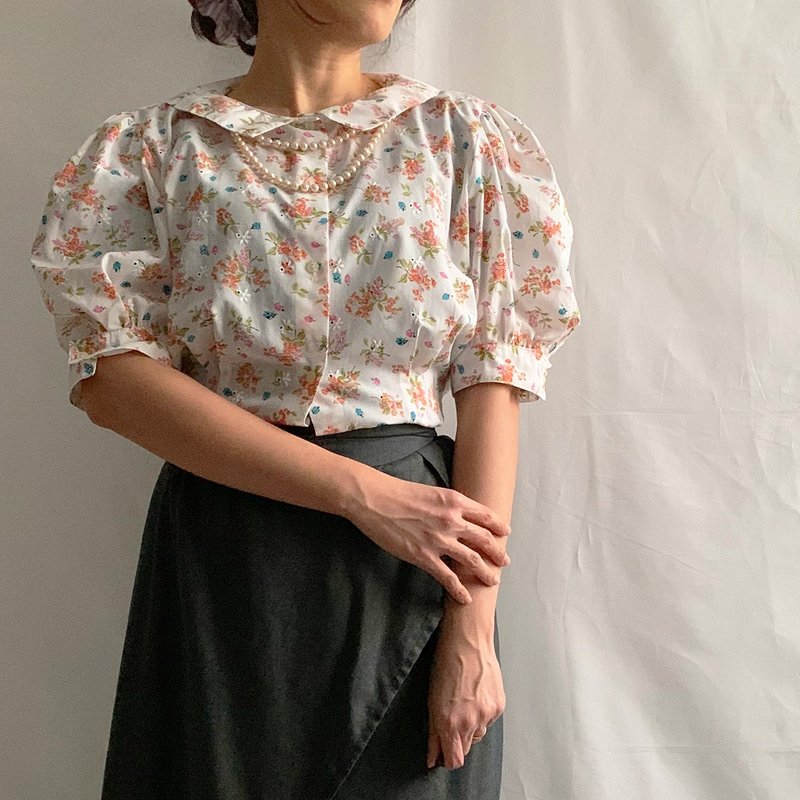 80年代 古著  義大利製造 鄉村風 澎澎袖上衣 - 女上衣/長袖上衣 - 棉．麻 白色