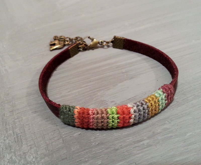 Multicolor Friendship Mens Leather Bracelet Indian Elephant Charm, Gift for Men - 手鍊/手環 - 繡線 多色