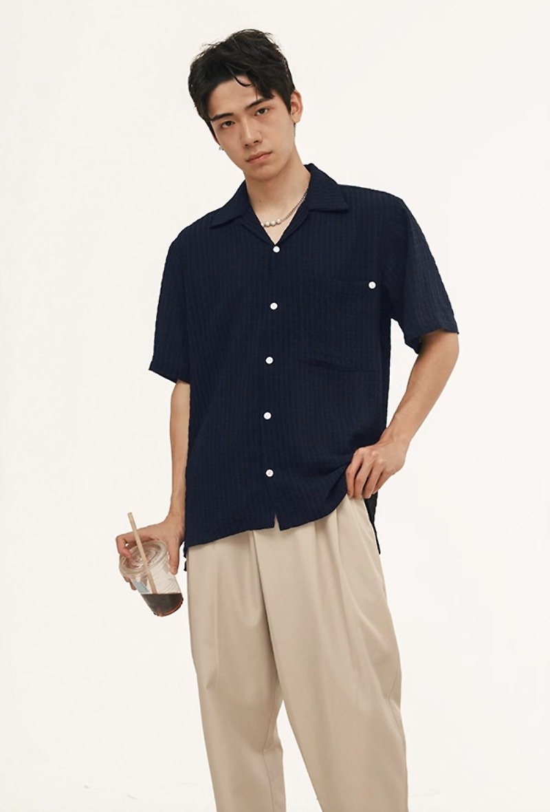 日系復古 口袋印花短袖襯衫 - 男裝 恤衫 - 其他材質 藍色