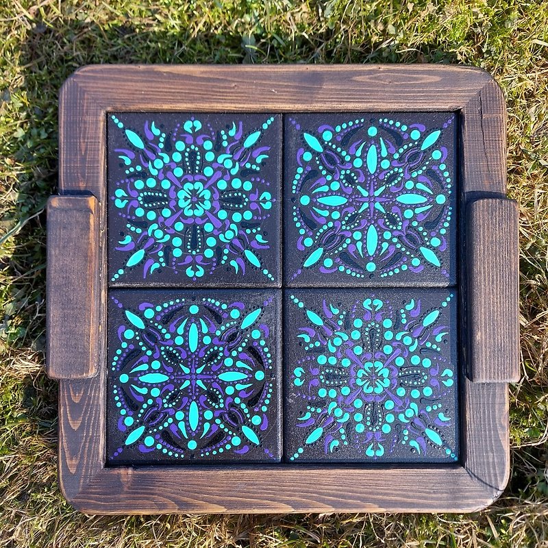Wood coffee tray with handpainted wood tiles - ถาดเสิร์ฟ - ไม้ สีม่วง