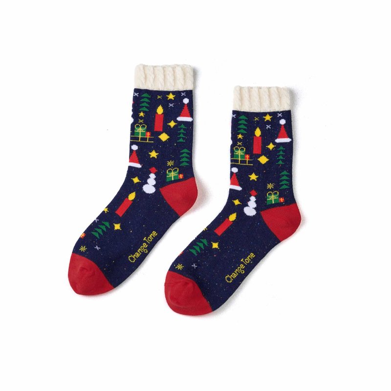 Christmas Star Wish/Dark Blue (F)-MIT Design Mid-calf Socks - ถุงเท้า - ผ้าฝ้าย/ผ้าลินิน สีน้ำเงิน