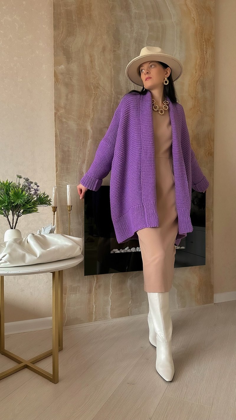 Open front sweater Cotton knit cardigan Loose coat for women Collar jacket - 女毛衣/針織衫 - 棉．麻 
