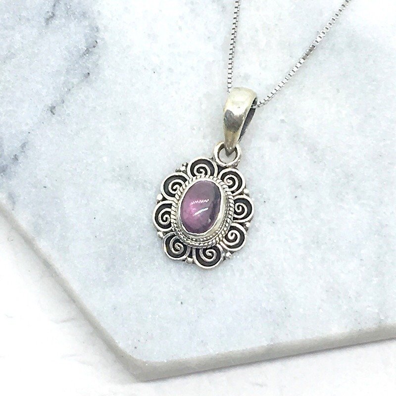 Pink tourmaline 925 sterling silver flower style necklace Nepal handmade mosaic production - Necklaces - Gemstone Pink