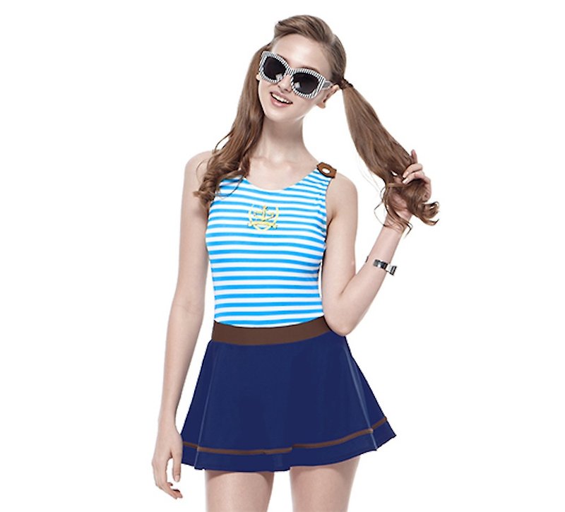 MIT 水藍海軍風條紋 連身裙泳裝 - 女泳衣/比基尼 - 聚酯纖維 藍色