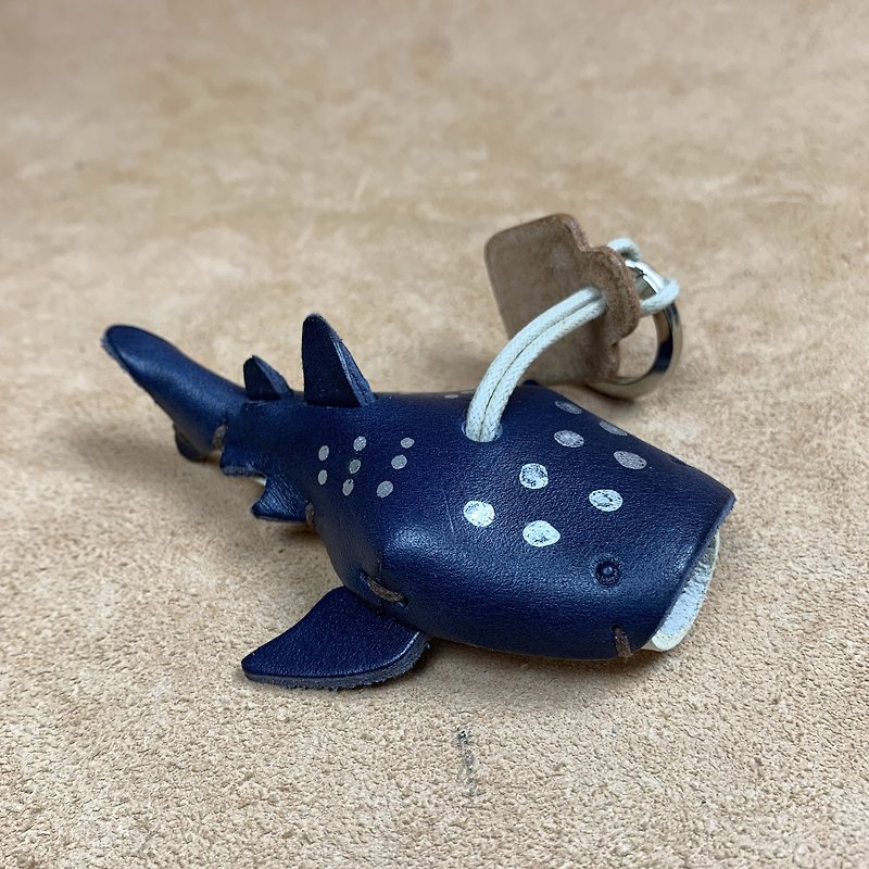 Marine life-whale shark-genuine vegetable tanned leather key ring pendant animal shape - Keychains - Genuine Leather Blue