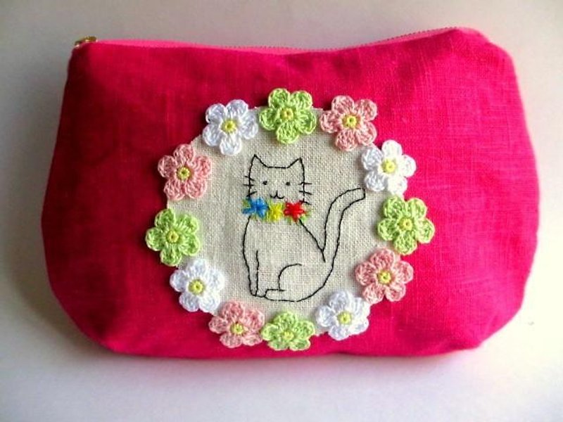Flowers and cats of linen pouch * Rose Pink E - Toiletry Bags & Pouches - Cotton & Hemp Pink