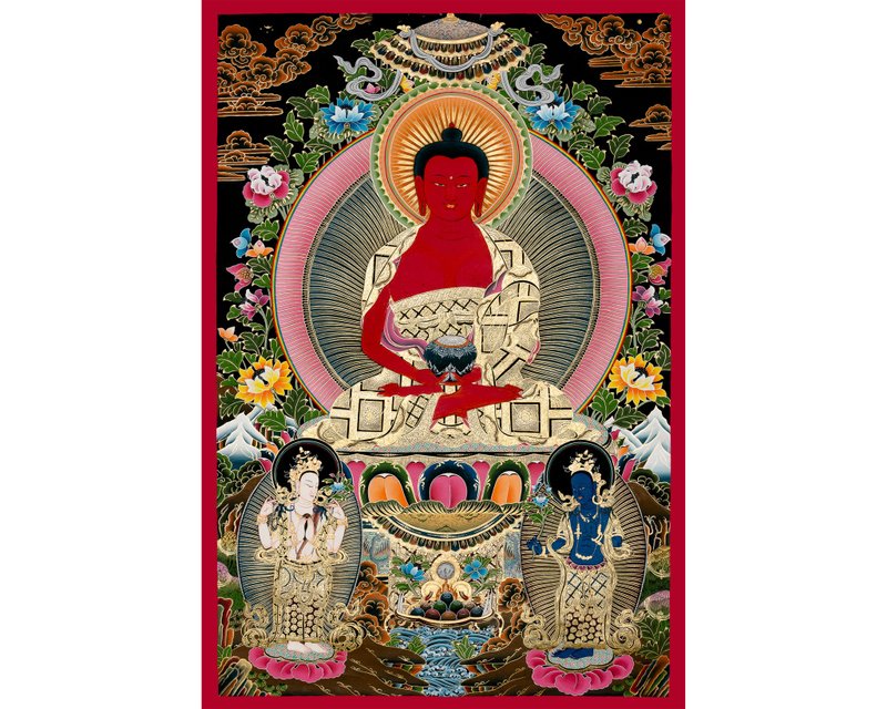 阿彌陀佛  原創手繪紅佛 | 冥想藝術畫 | 西藏唐卡 - 壁貼/牆壁裝飾 - 其他材質 多色