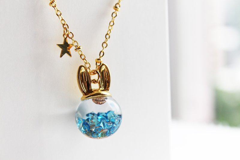 Rosy Garden rabbit shape with blue crystal water inside glass ball necklace - สร้อยติดคอ - แก้ว สีน้ำเงิน