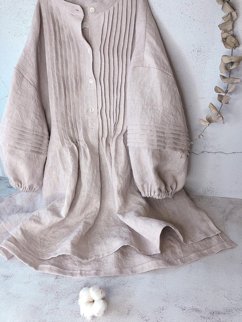 Japanese linen half cardigan front discount small stand collar three-dimensional pleated sleeve throw shirt - เสื้อผู้หญิง - ผ้าฝ้าย/ผ้าลินิน สึชมพู